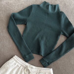 Aerie Dark Green Waffle Knit Long Sleeve crop